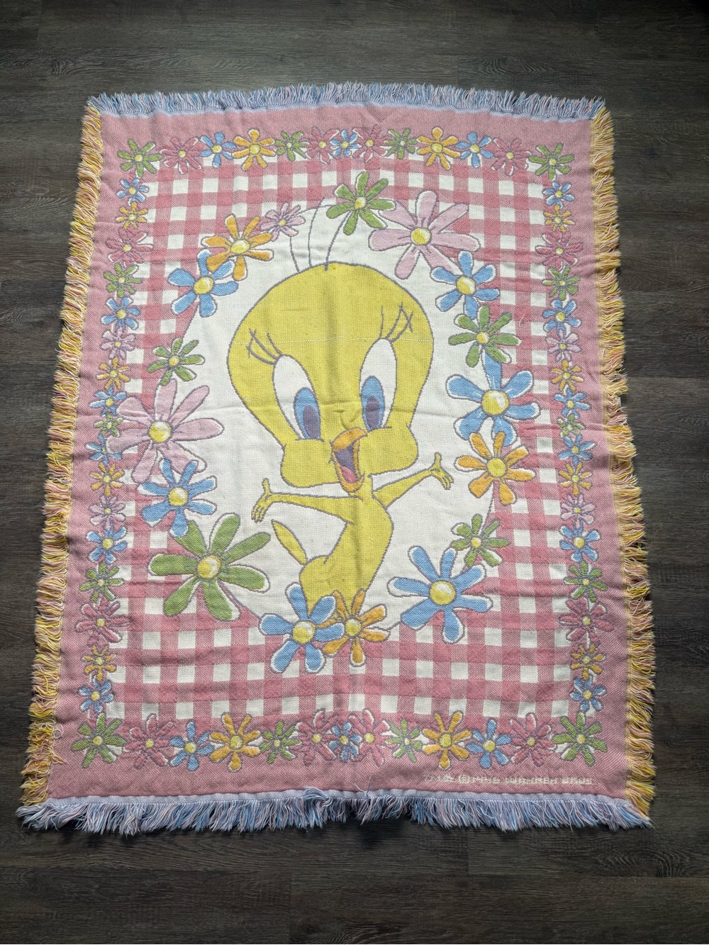 Warner Bros Tweety Bird 1996 Floral Throw Blanket - Pink, Yellow, Blue